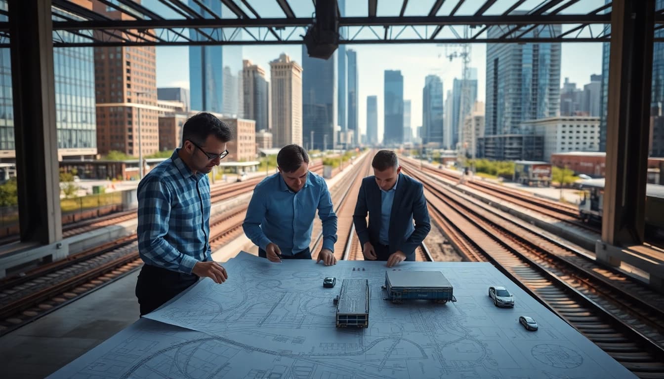 Railroad Design Consultants reviewing plans and models in a professional urban environment.