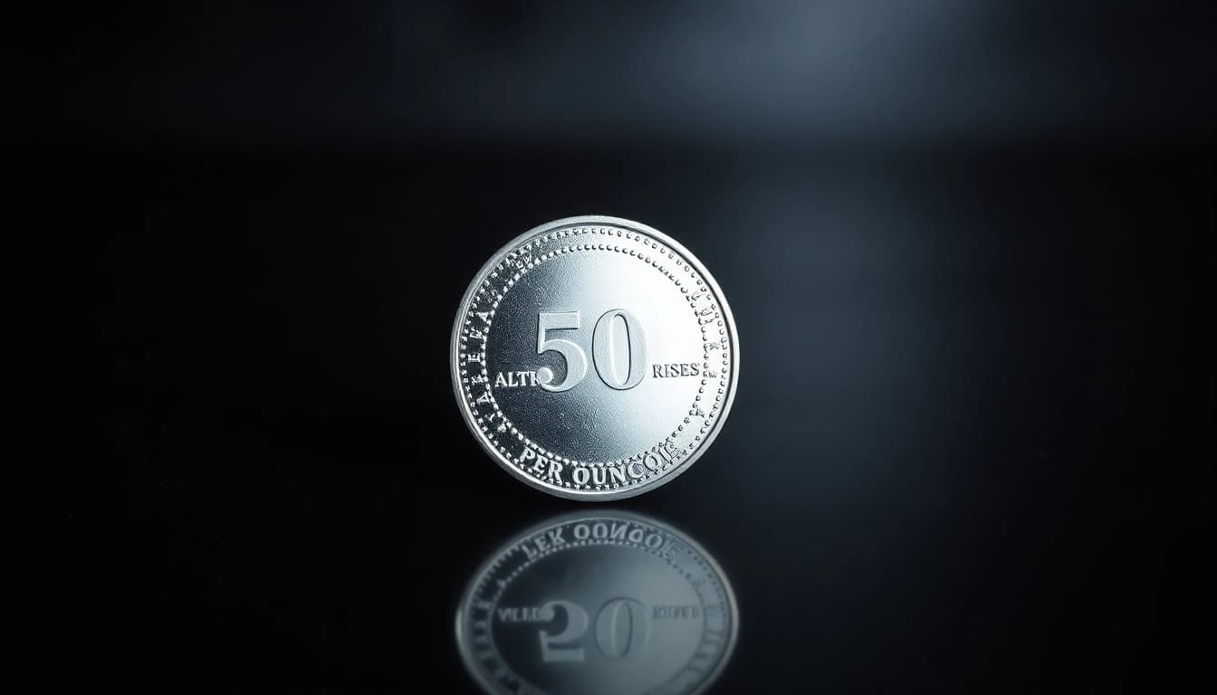 Examine the price of silver per ounce represented by a gleaming silver coin on a dark surface.