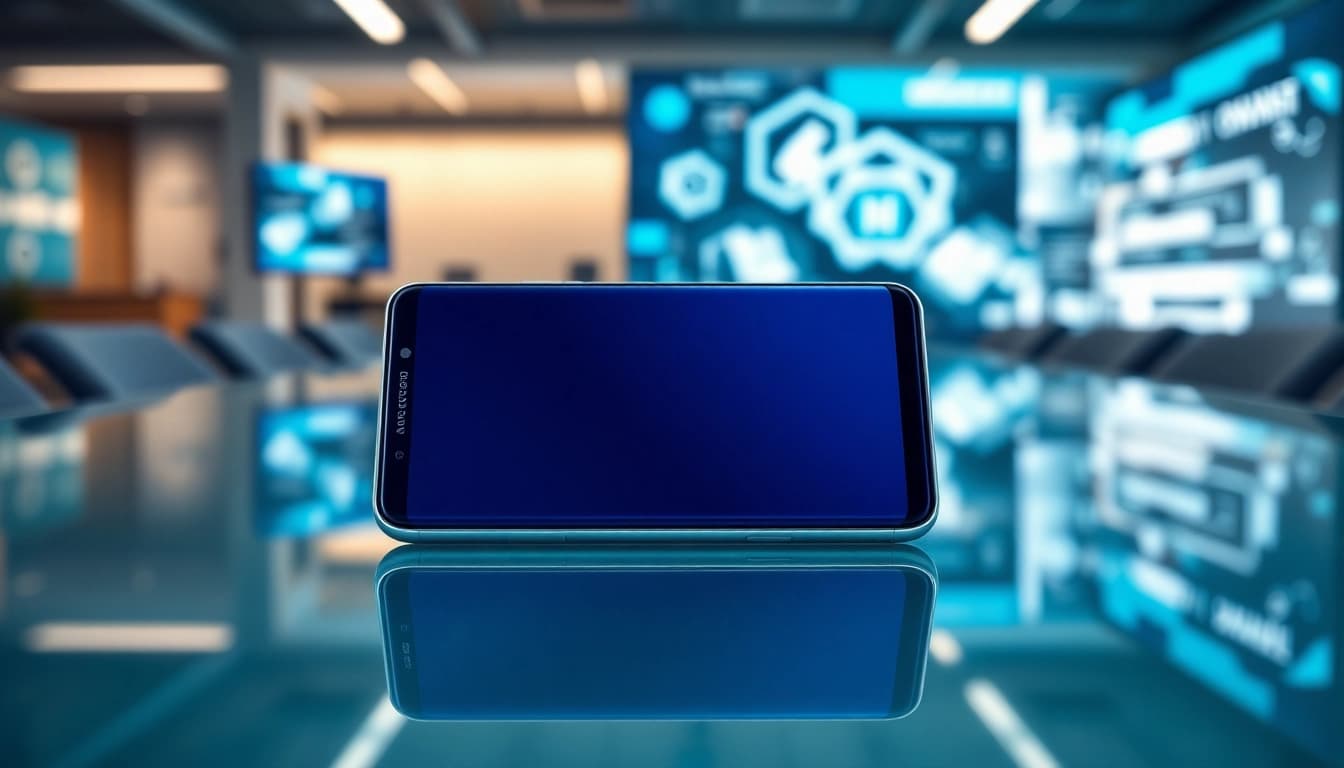The Samsung Galaxy S8 showcased on a modern conference table, emphasizing its sleek design and vibrant display.