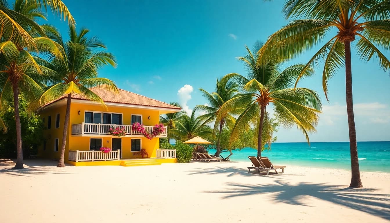 Enjoying a vacation at coastal cabana featuring vibrant architecture and a relaxing beach setting.