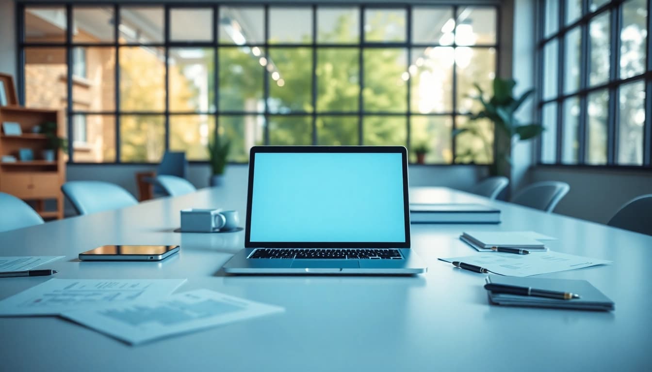 Un espace de travail moderne avec un bureau et un ordinateur portable sur https://kolivent.com, créant une atmosphère productive.