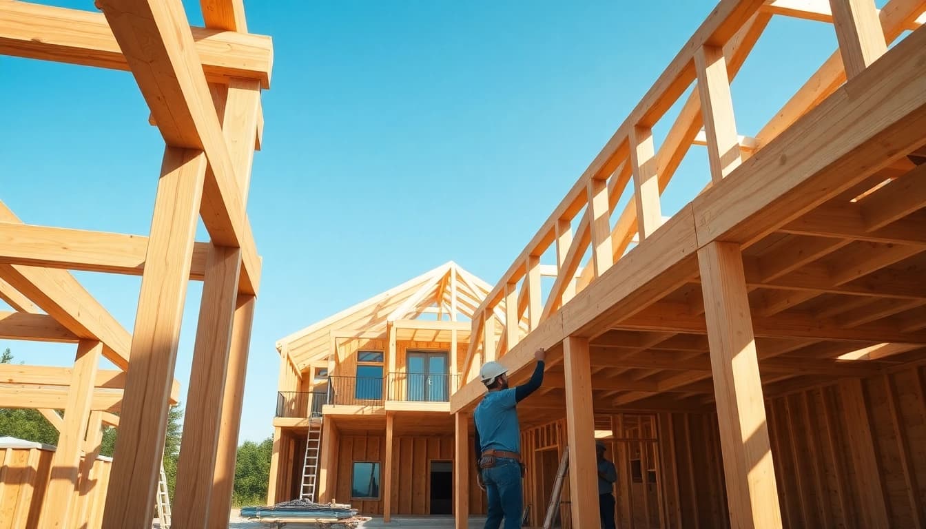 Explore timber frame solutions with skilled craftsmen assembling wooden structures in a bright construction site.