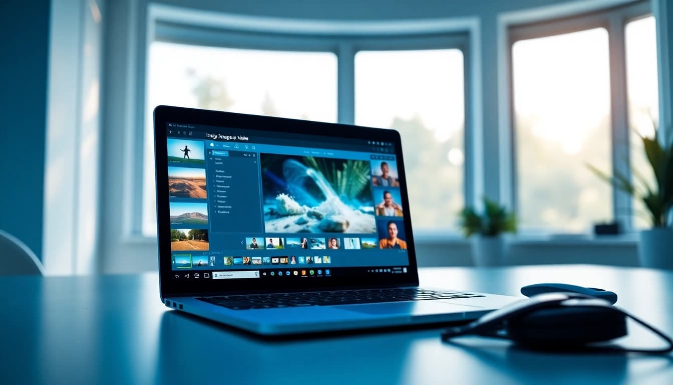 Transforming image to video with innovative software interface on a sleek laptop.