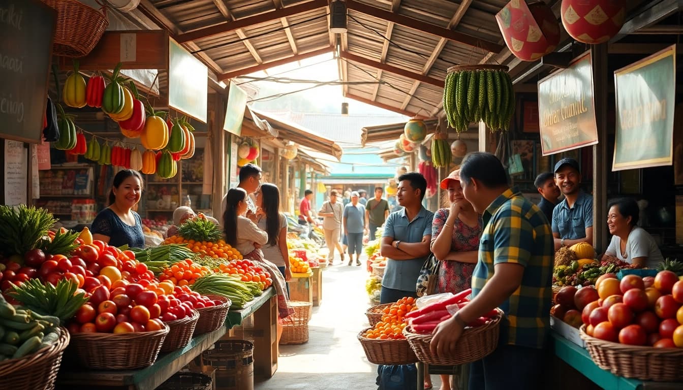 Orang-orang membeli suletoto di pasar tradisional yang ramai dengan warna-warni cerah.