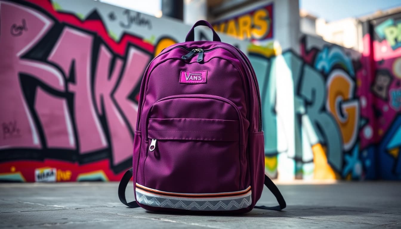 Levanta la mochila vans morada mostrando su diseño moderno en un fondo urbano vibrante.