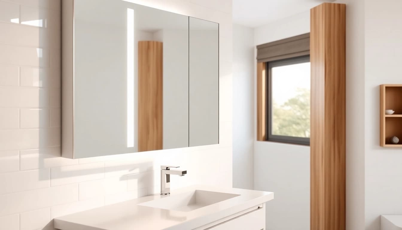Spiegelschrank mit LED Beleuchtung perfekt integriert in ein modernes Badezimmer.