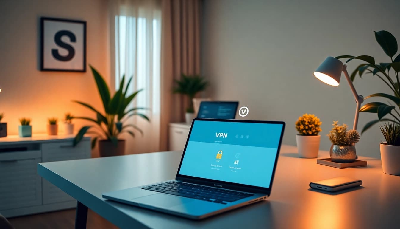 在现代家庭办公室场景中的笔记本电脑上显示的快连 VPN 界面，展示了连接的便捷性与安全性。
