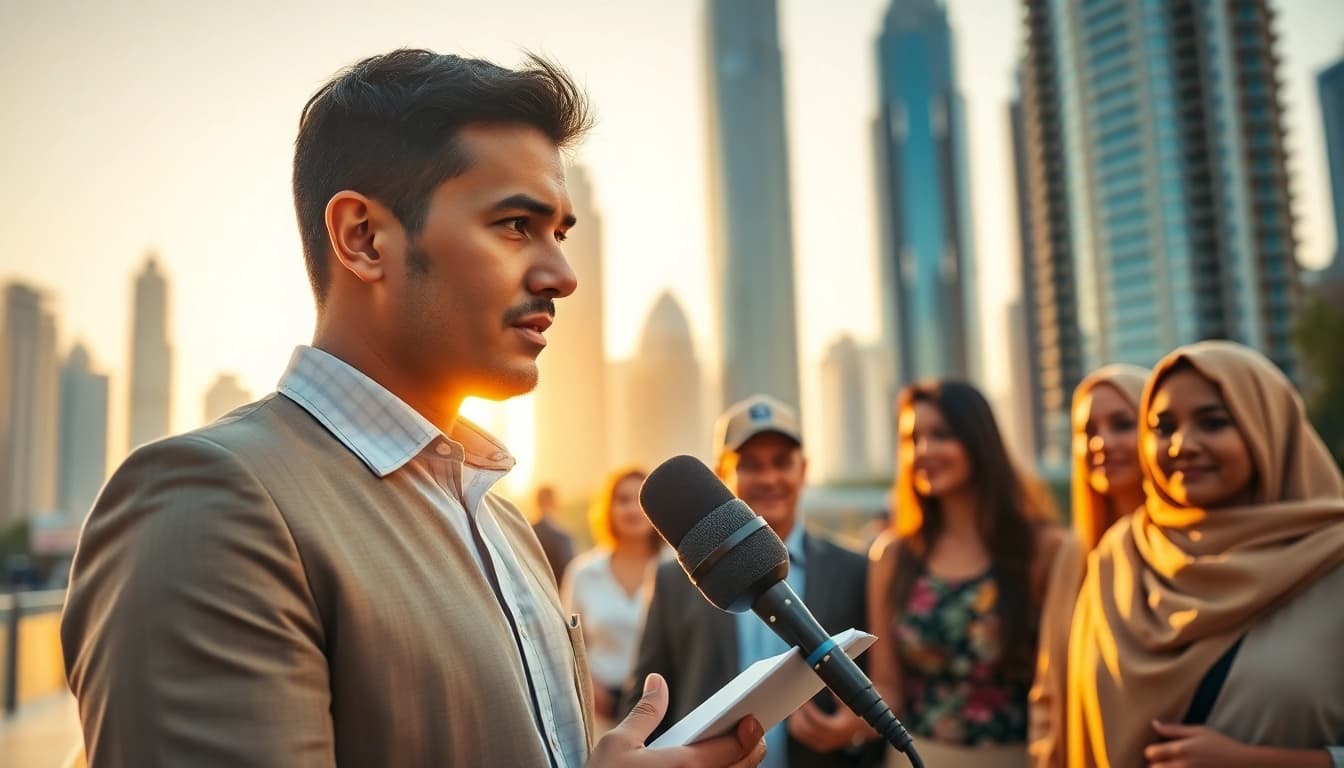 تغطية أخبار Emiratenewsday.com في صباح مشمس مع مراسل يتحدث إلى المواطنين.