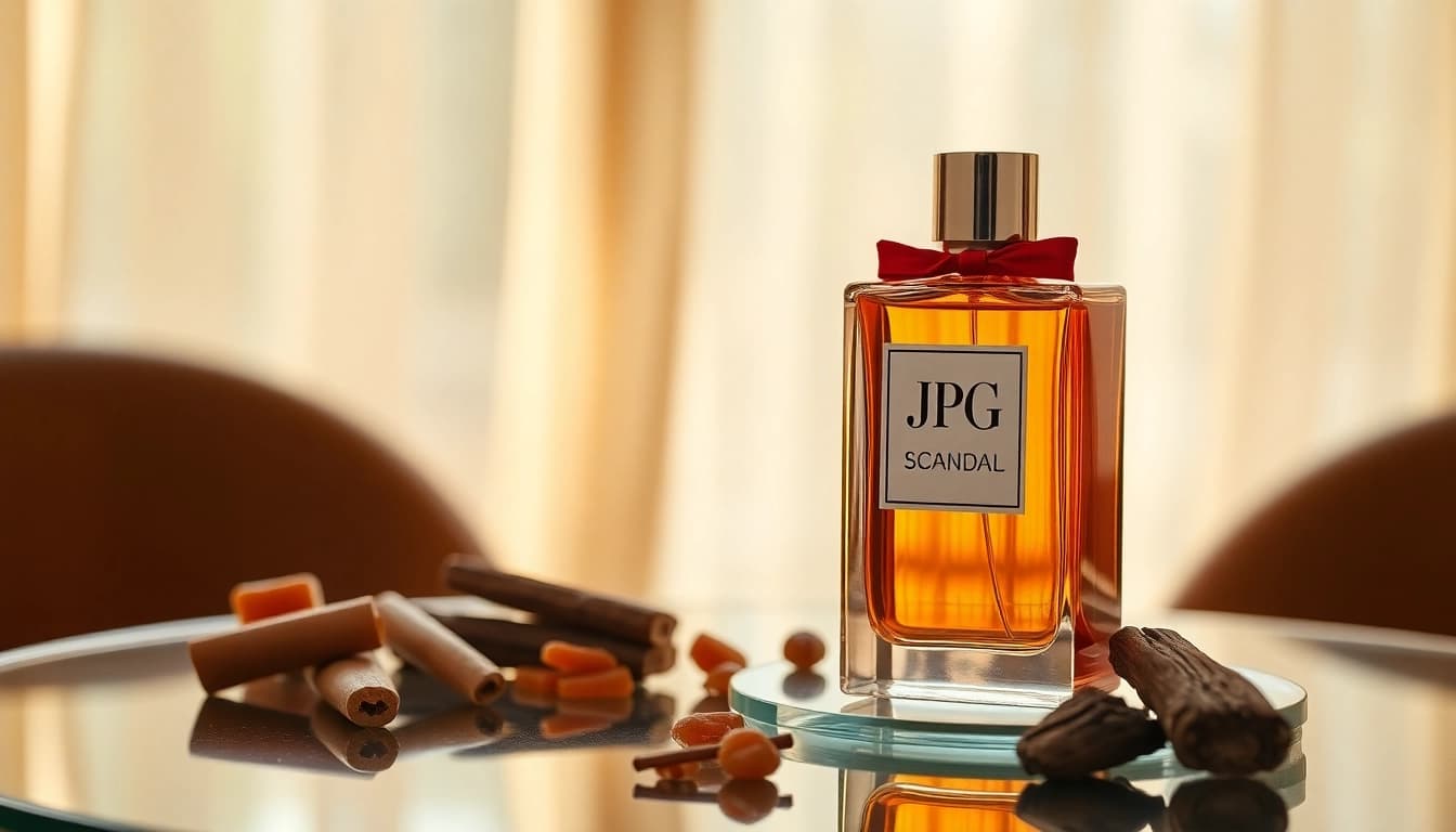 Showcasing the exquisite JPG Scandal bottle surrounded by tantalizing elements.