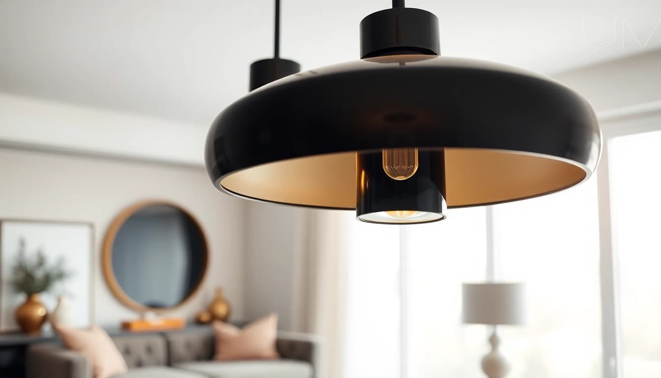 Stunning black and gold light fixture illuminating a modern living space with sophisticated style.