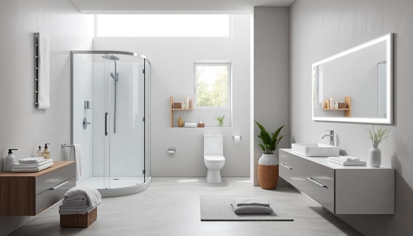 Aperçu d'une salle de bain moderne équipée de sirhona avec cabine de douche élégante et miroir LED.