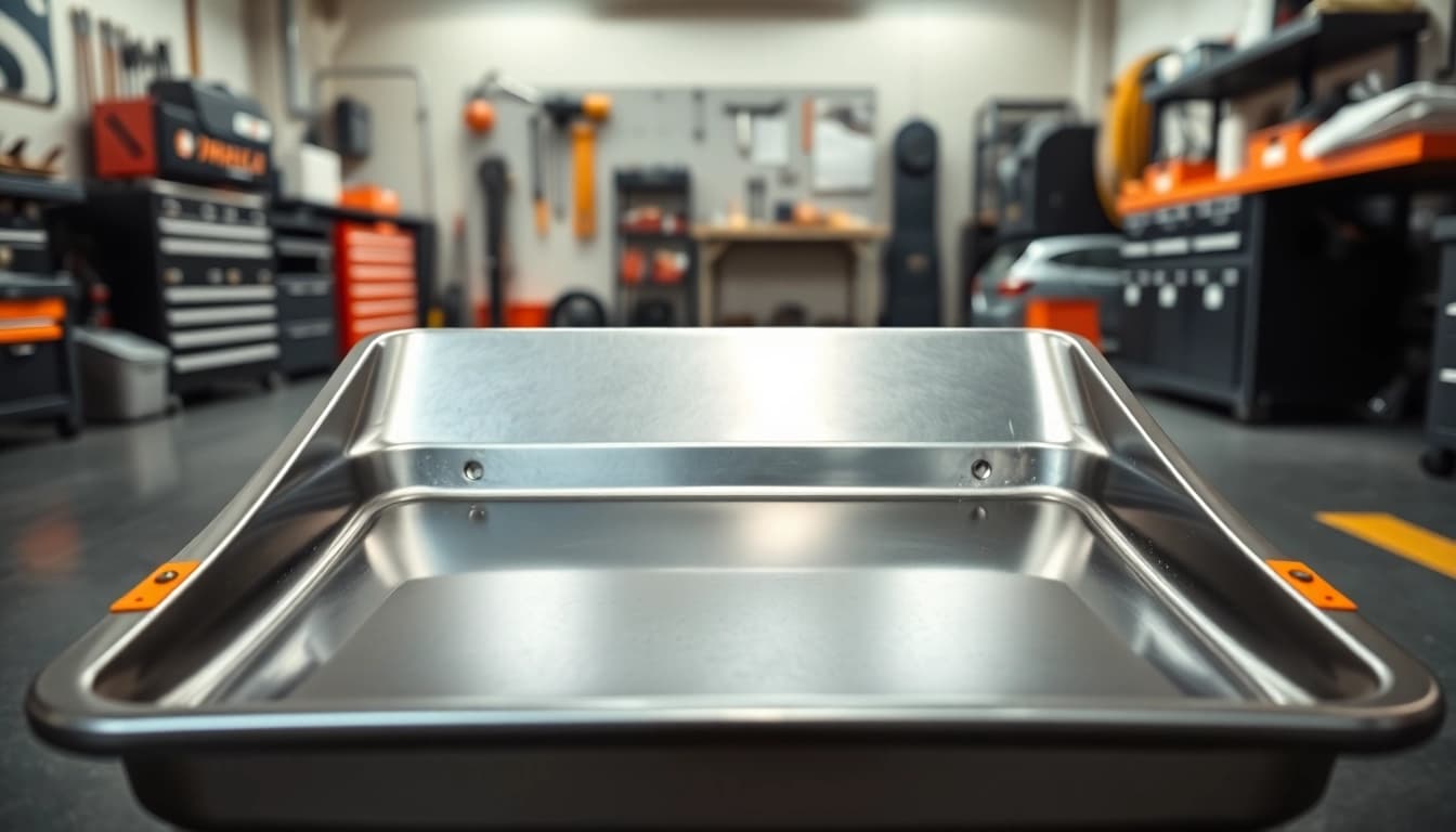 Efficient oil drain pan design showcasing durability and practicality in an automotive setting.