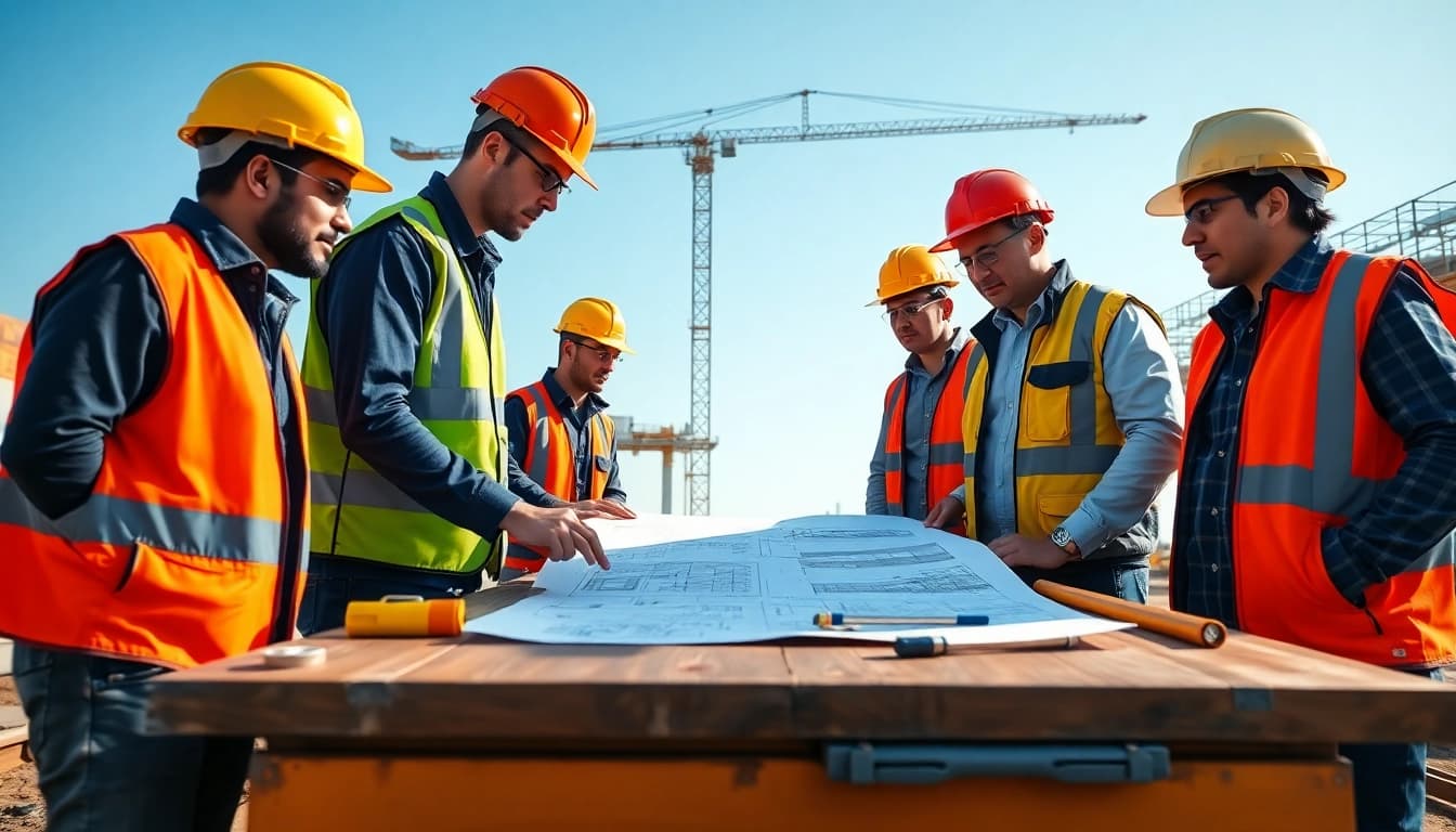 Team of New Jersey Commercial General Contractor workers discussing plans at a construction site.