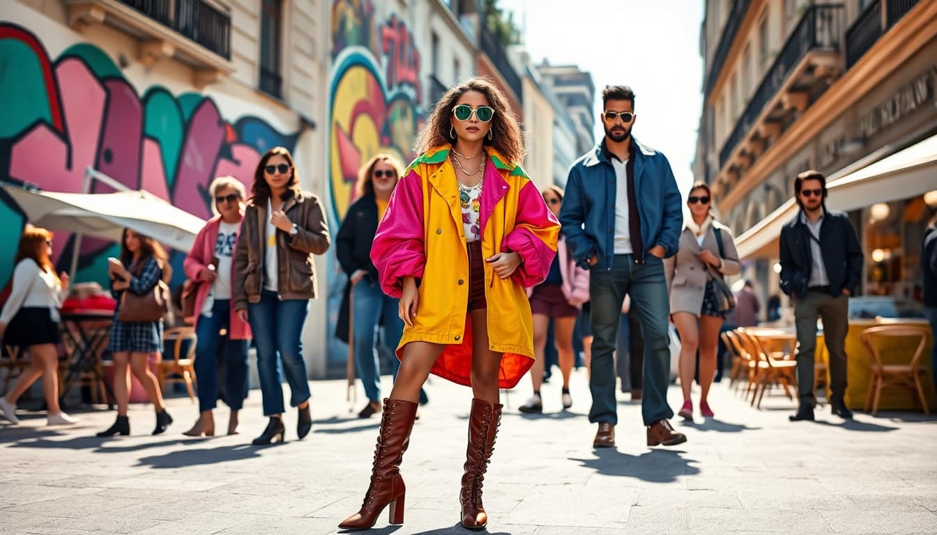 A vibrant street scene demonstrating the latest fashion trends with stylish models showcasing unique outfits.