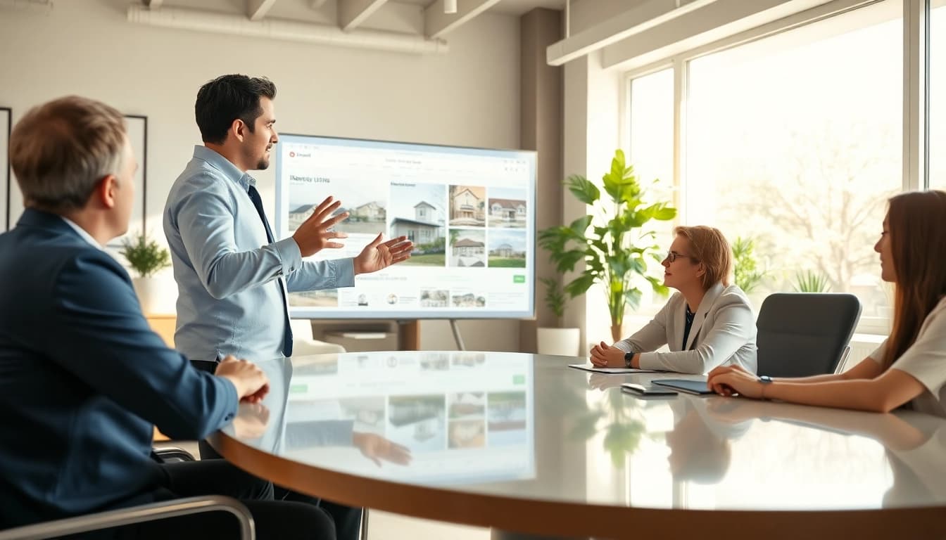 Showcase of real estate discussions between an agent and clients in a modern office setting.
