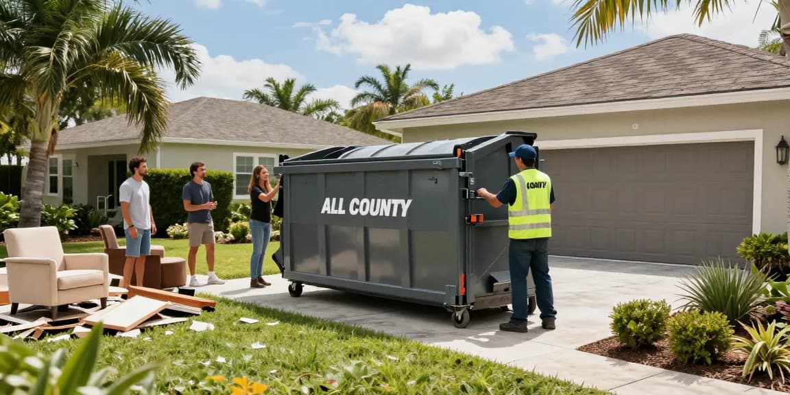 Reliable dumpster rental in Boca Raton FL with All County Dumpsters team delivering a 20-yard roll-off dumpster to a residential home.