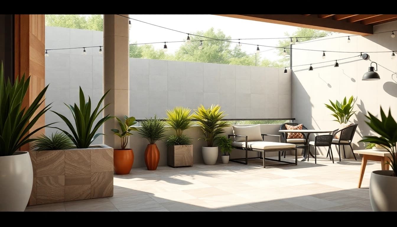Terrasse spectaculaire présentant des carreaux de carrelage extérieur dans diverses couleurs et textures.