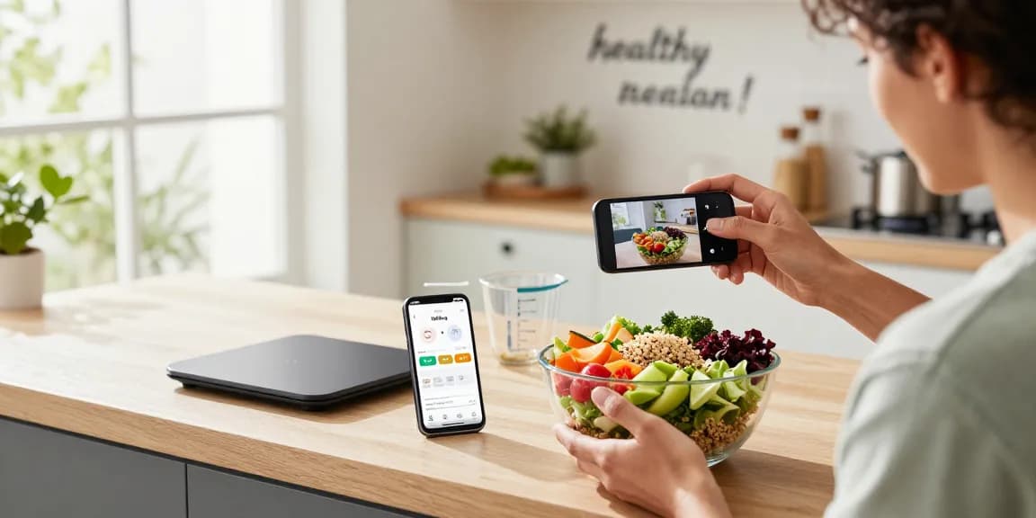 Healthy individual tracking calories with the best calorie tracker app in a bright kitchen.