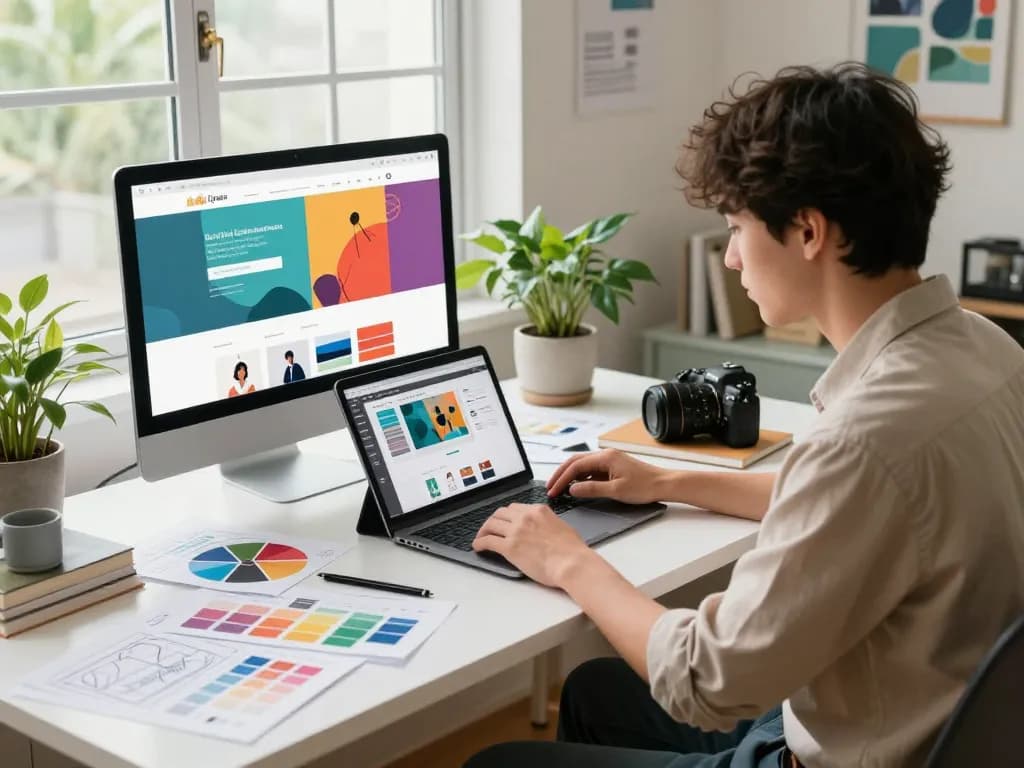 Freelance website designer collaborating with a client in a modern workspace, showcasing creativity and innovation.