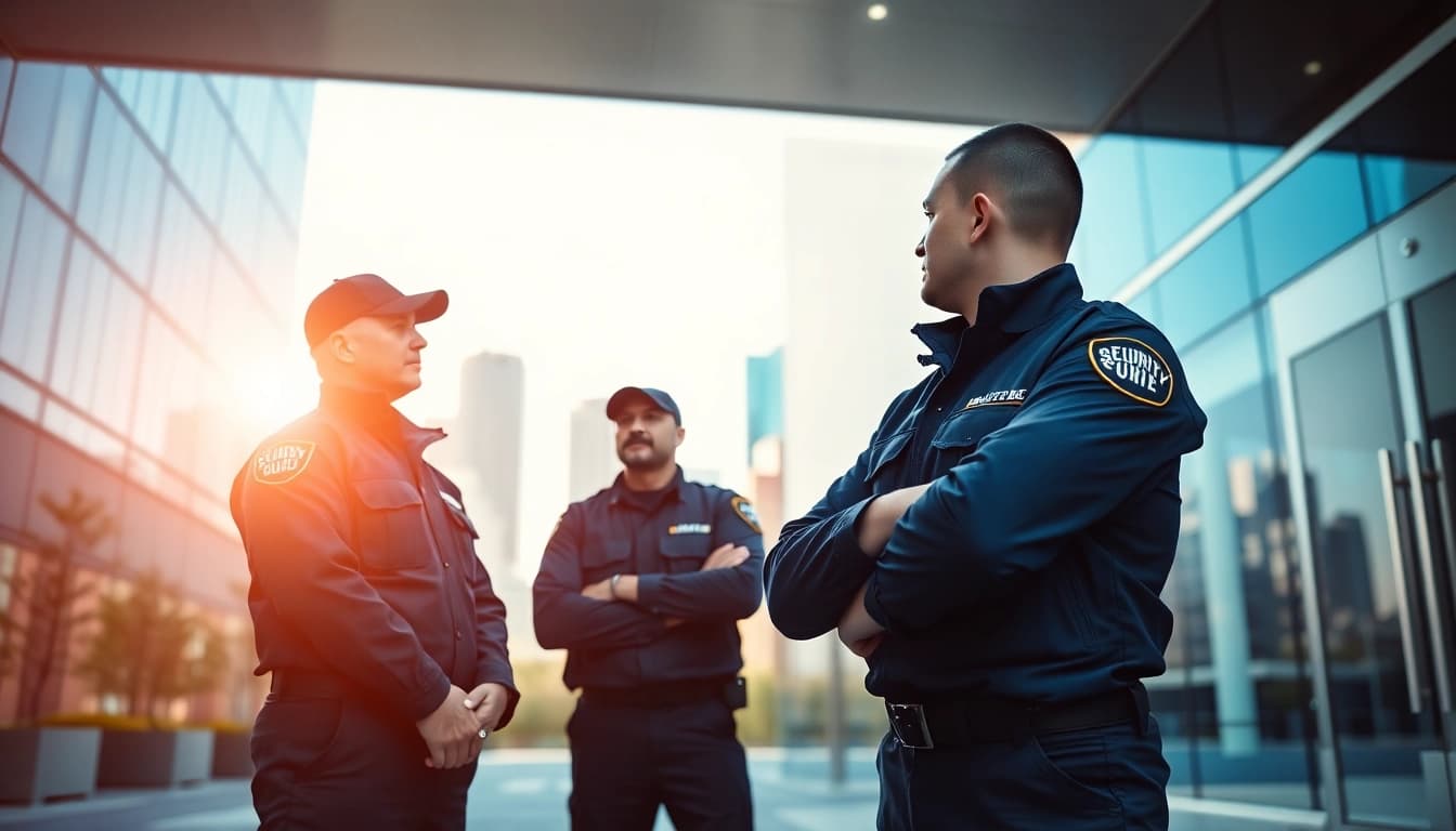 Security Guards providing vigilant protection at a corporate entrance in an urban setting.