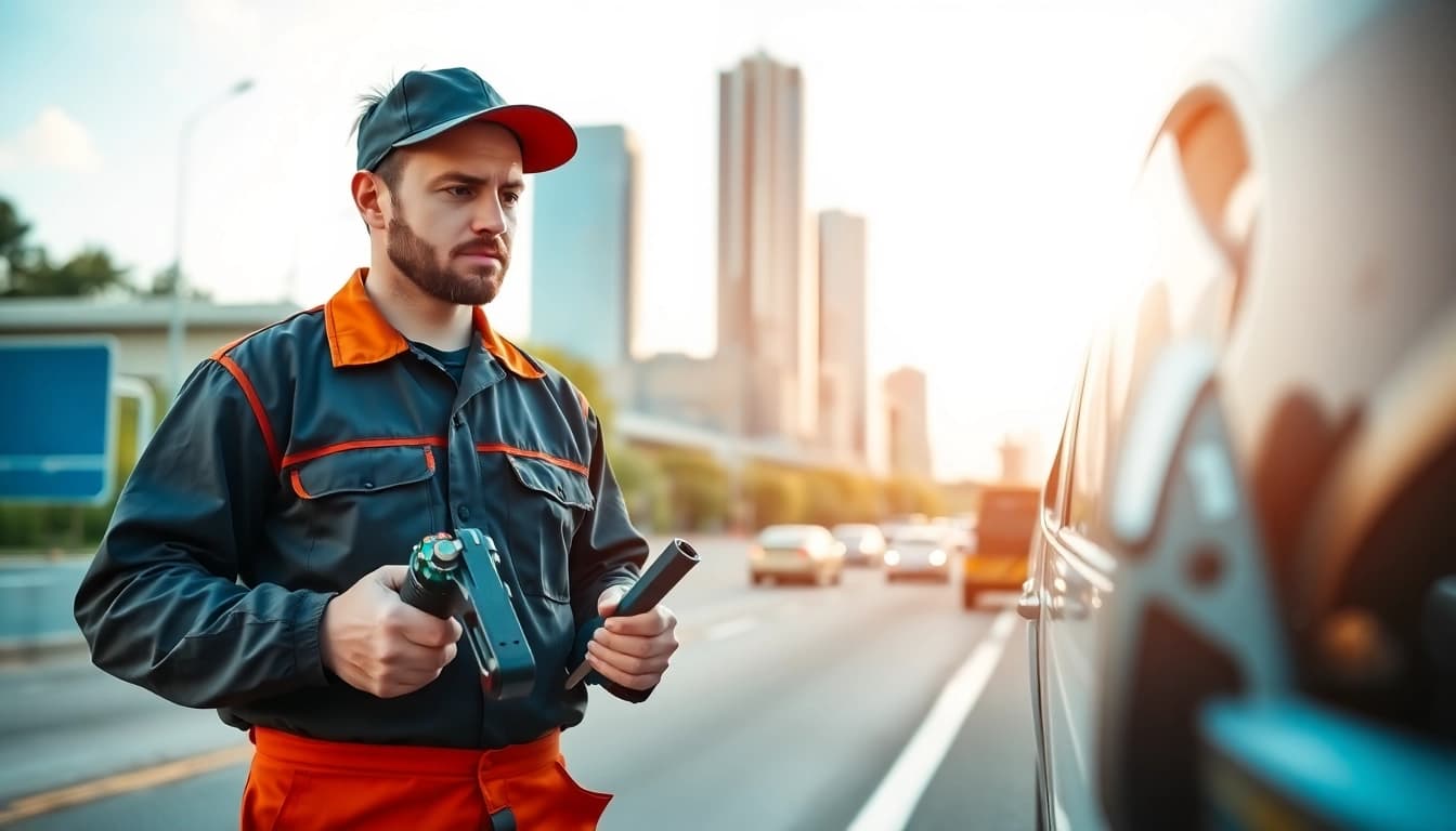 Mechanic providing roadside assistance Nashville TN to stranded motorist in urban setting.