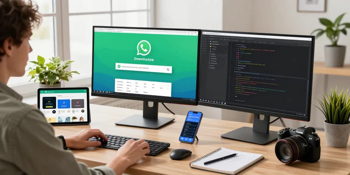 Easy WhatsApp下載 from a vibrant digital workspace with coding and app graphics in a bright office.