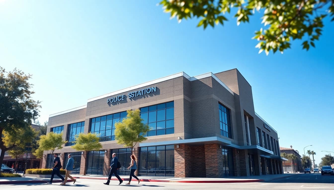 Anaheim inmate search at the Anaheim police station, displaying the building's architecture.