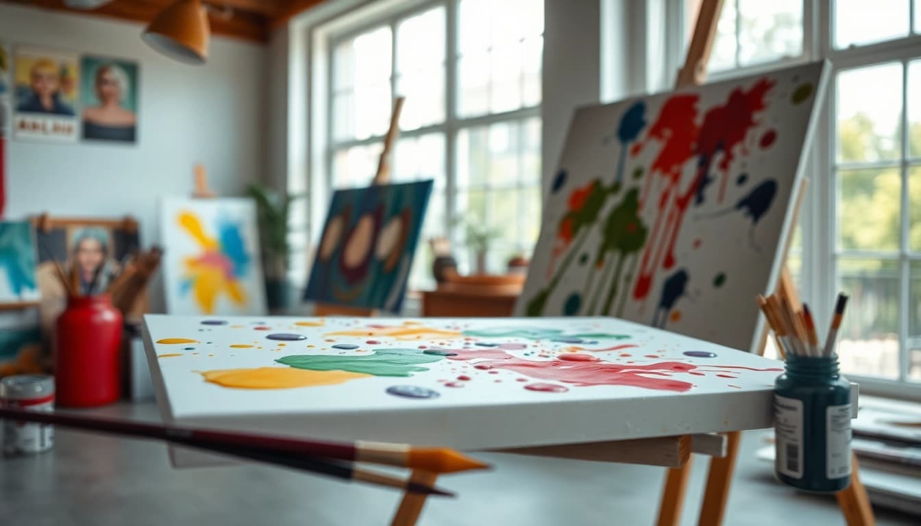 Enhance your creativity with a vibrant acrylic painting setup at https://acrylicpedia.com showcasing art supplies.