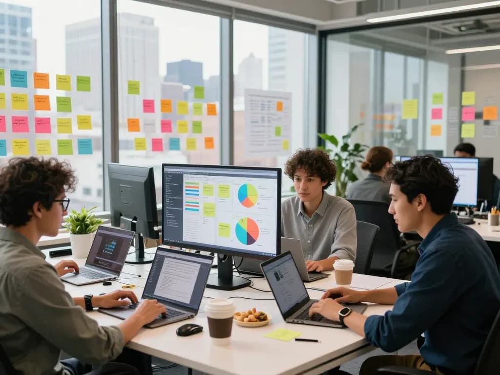 SEO Company in NYC team collaborating in a vibrant modern office with digital analytics.