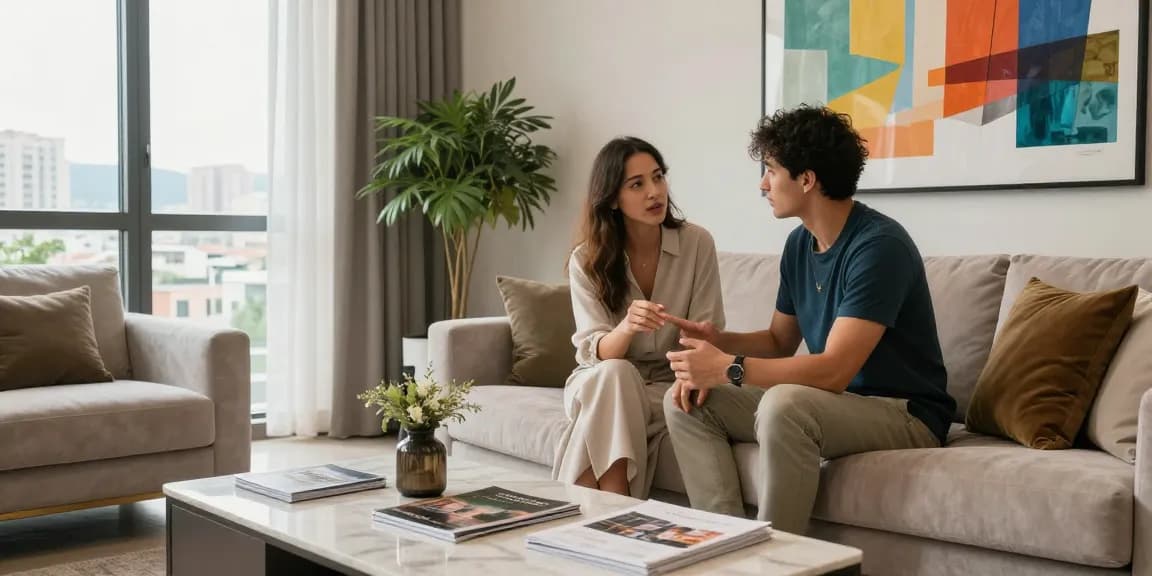 Stylish couple discussing features to buy apartment Tirana in a luxurious modern living room.