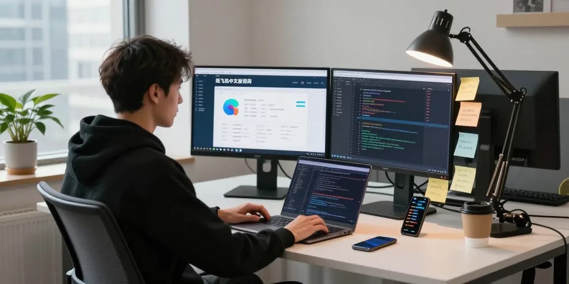 Young professional working on 纸飞机中文版官网 in a modern tech workspace