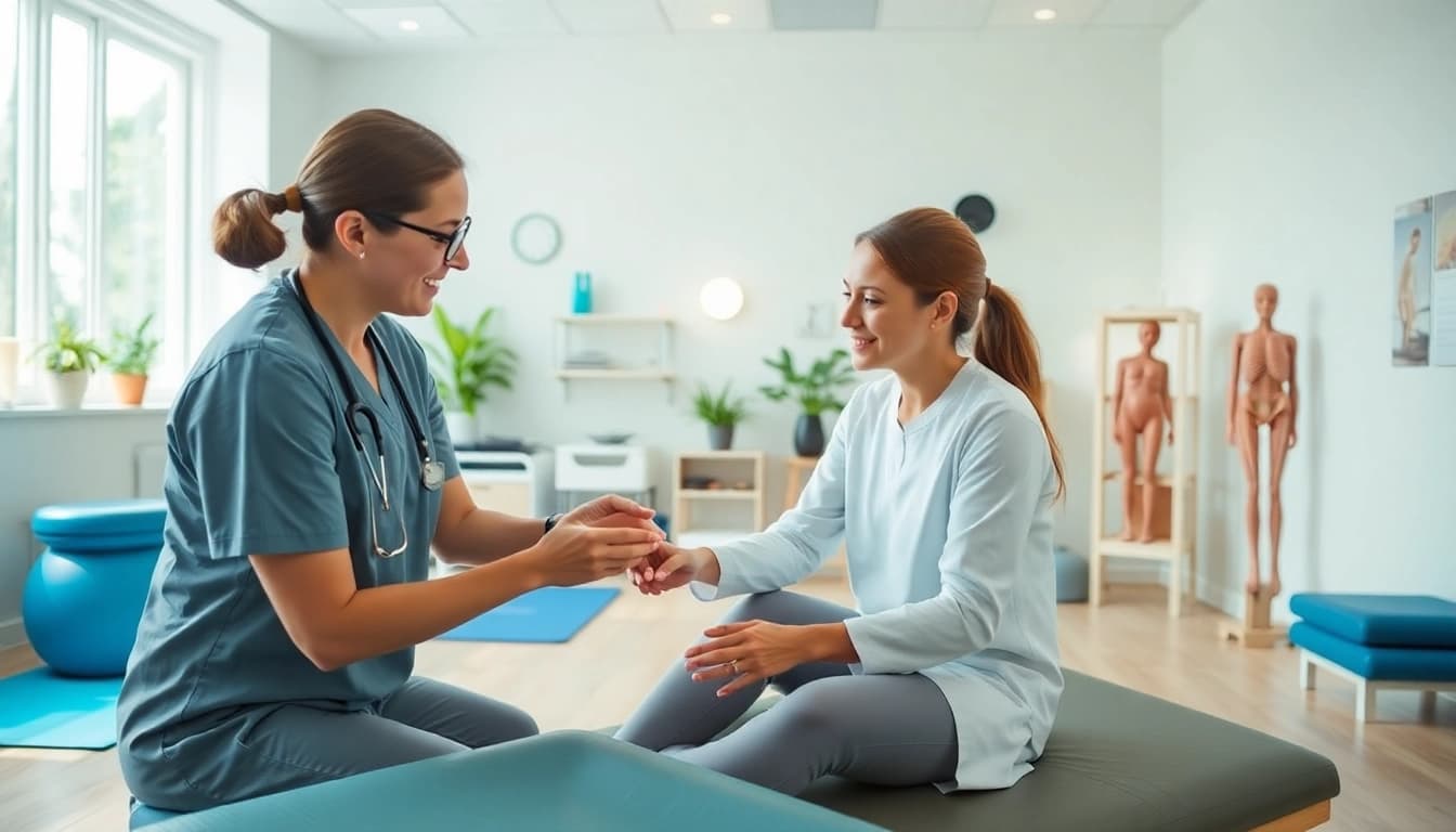 Physiotherapie Stuttgart: Therapeut in einem modernen Raum, der einem Patient hilft.