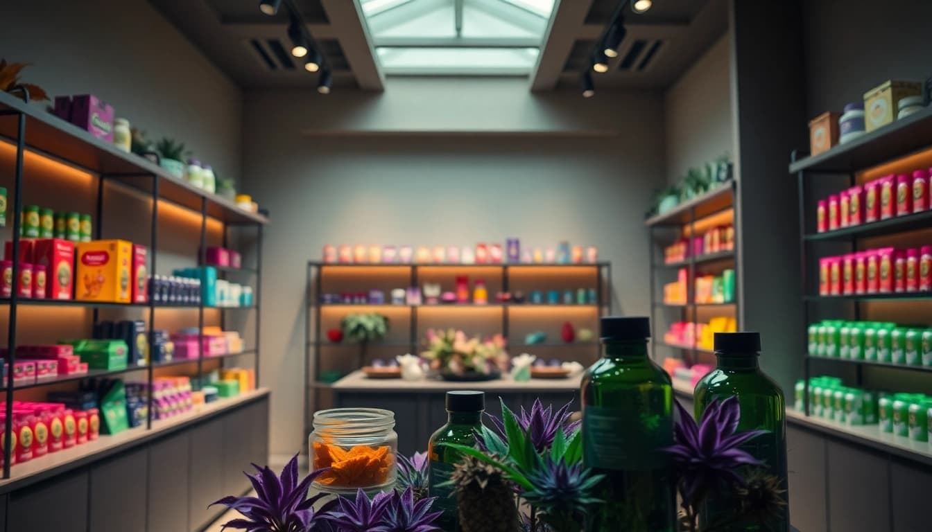 Psychedelicschemstore featuring colorful psychedelic substances in a serene shop environment.