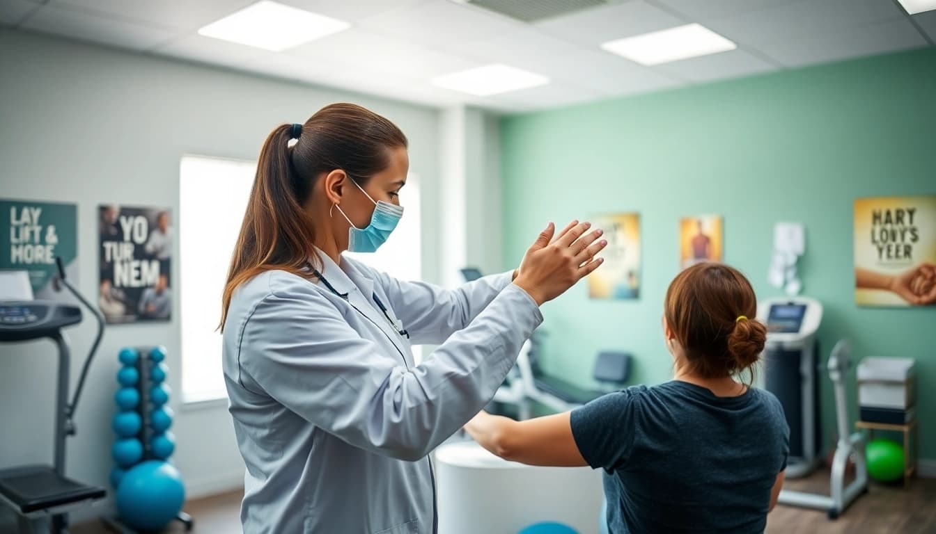 Engaging physiotherapist assists client with rehabilitation in north edmonton physiotherapy clinic setting.
