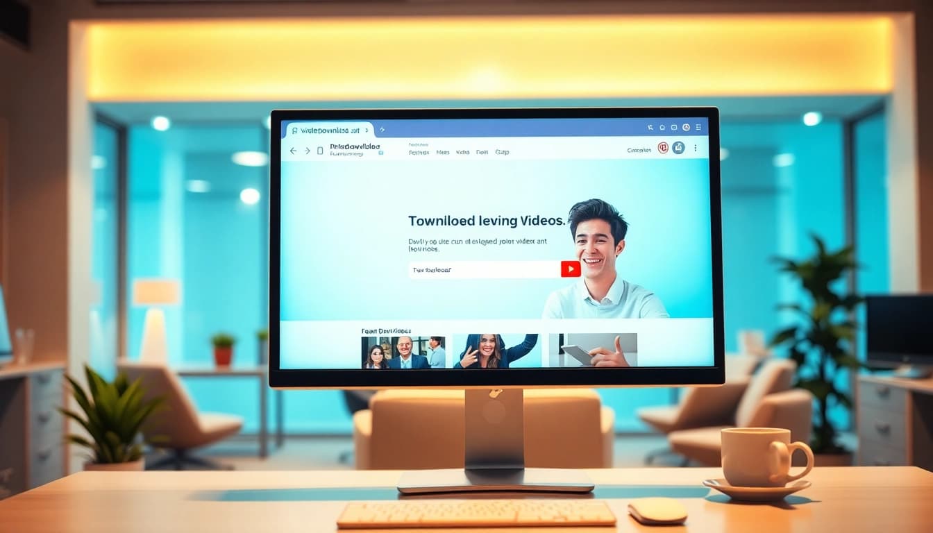 Download videos using pinvideodownloader.org on a computer screen with a satisfied user.