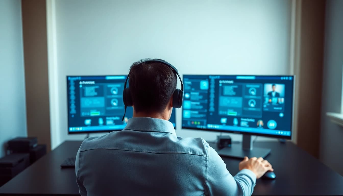Engaged professional using remote call control technology in a modern workspace.
