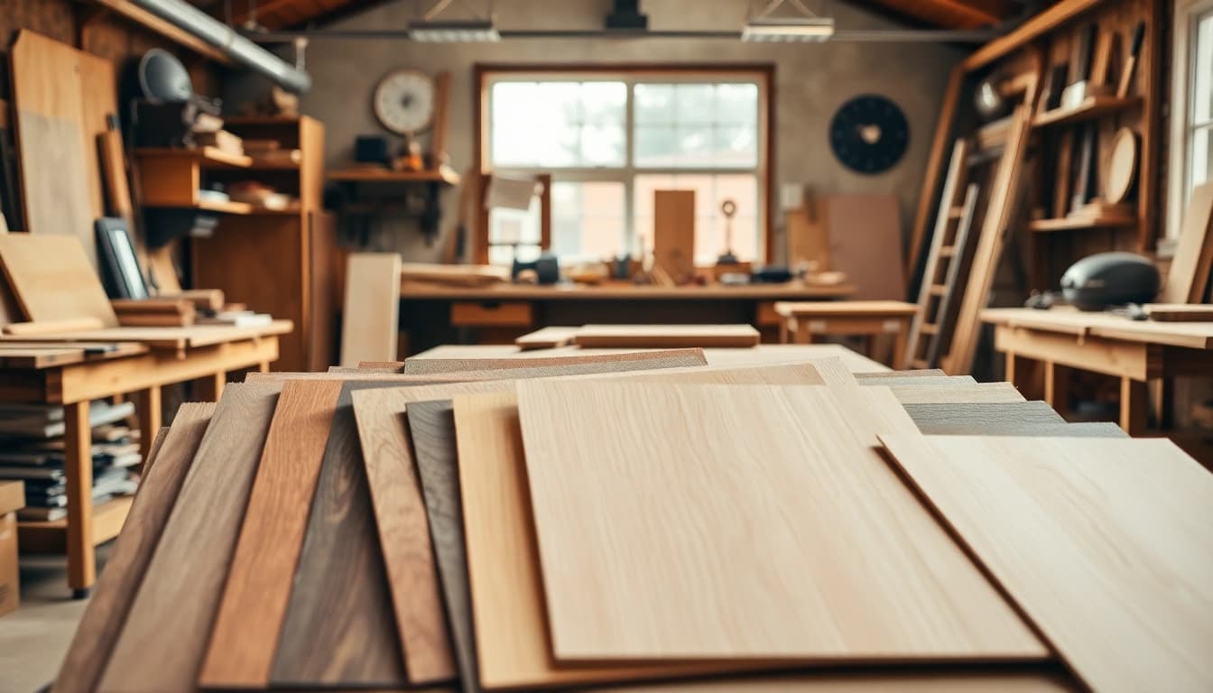 Showcasing various wood veneer sheets in a workshop, highlighting textures and colors.