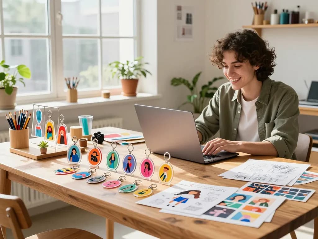 Custom acrylic keychains showcased in a vibrant artist's workshop with a smiling designer selecting personalized options.
