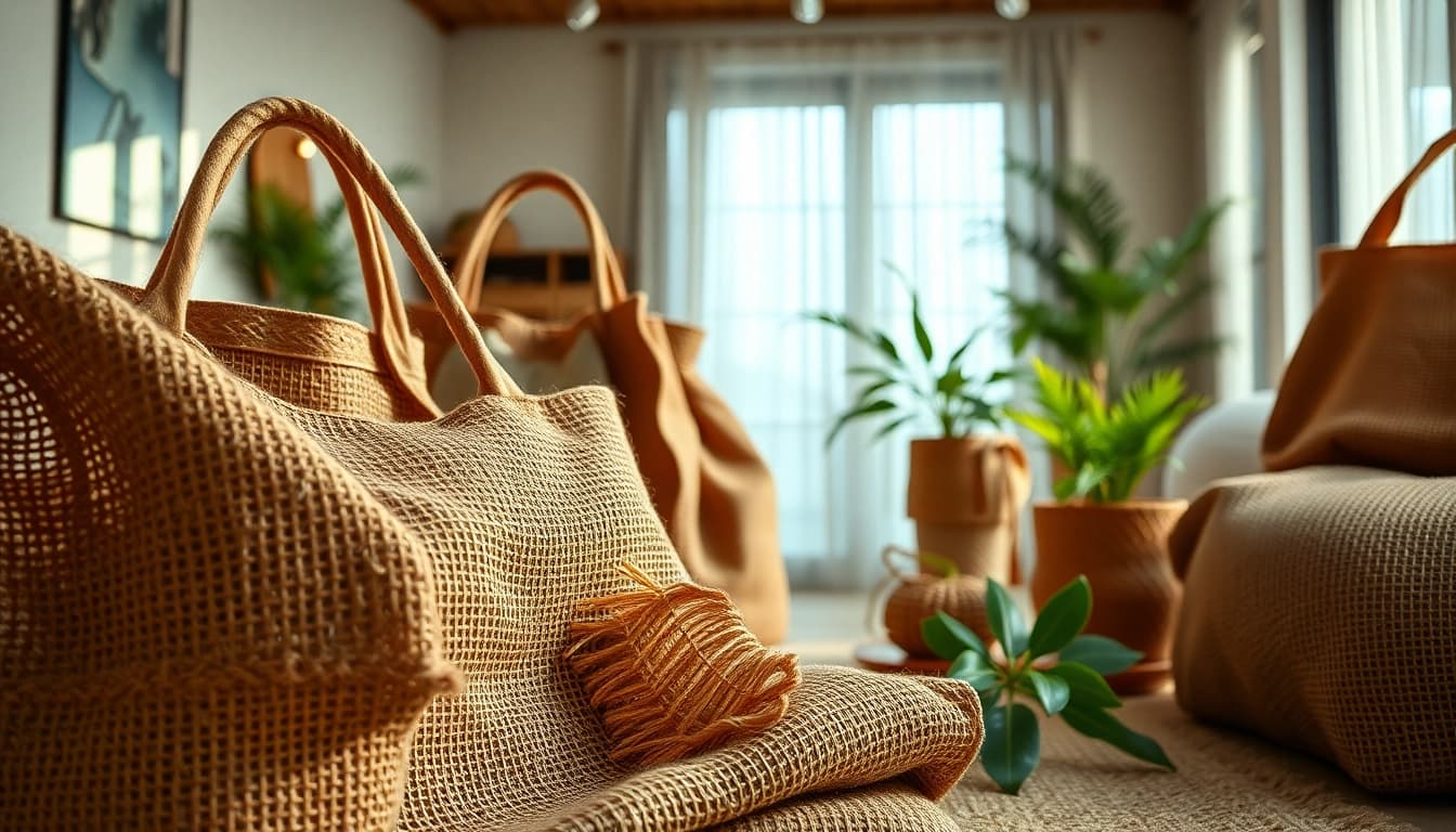 Showcasing jute stof met een focus op de textuur en producten gemaakt van jute.