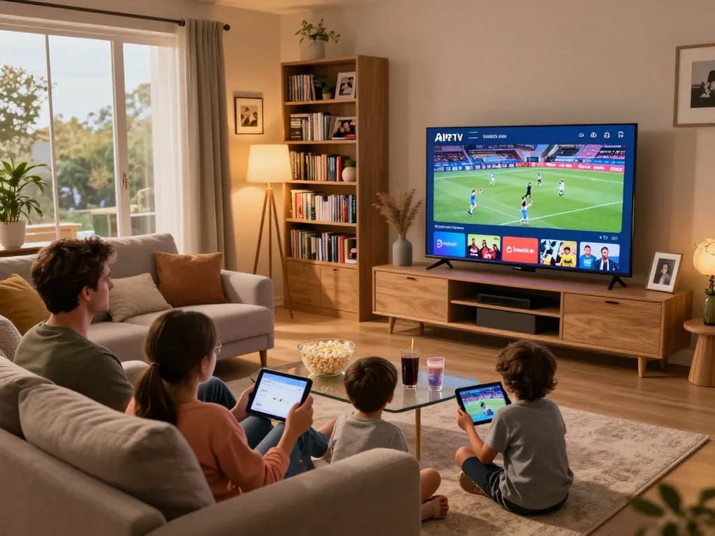 Gezin geniet van IPTV kopen in een gezellige woonkamer terwijl ze films en sport kijken.