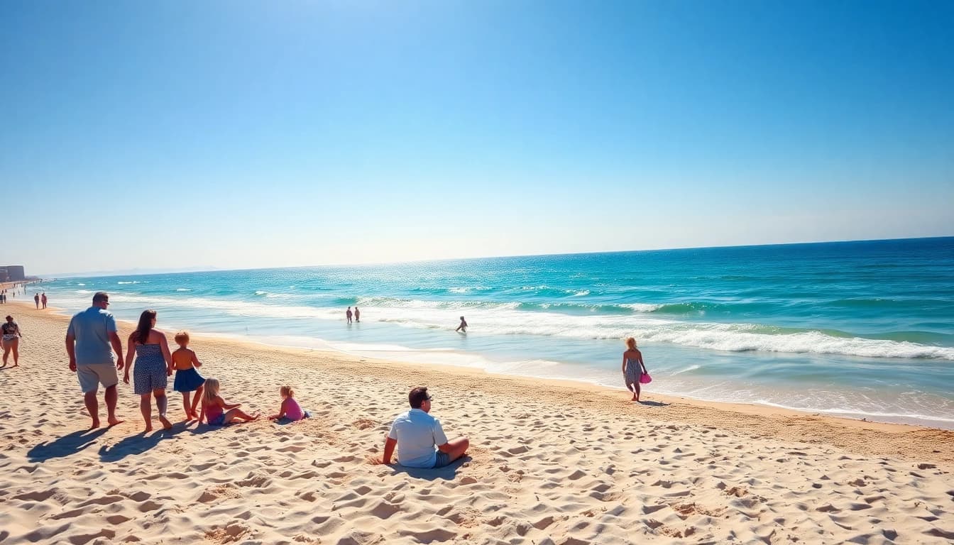 Visit https://myrtlebeachsc.com/ to see families enjoying the sunny Myrtle Beach shoreline.