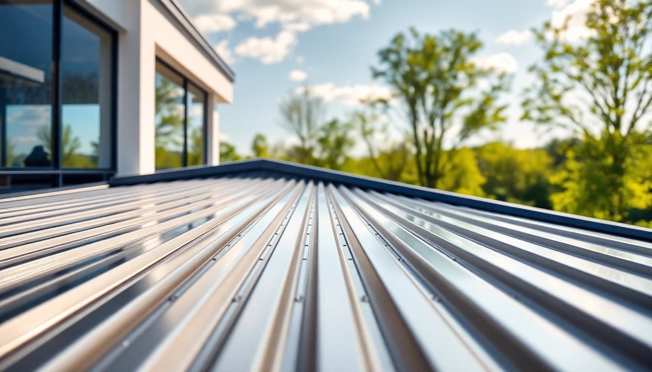 Installing a standing seam metal roof on a house with modern design and lush surroundings.