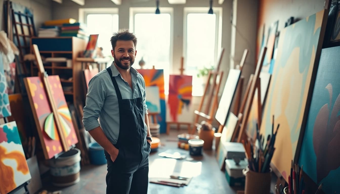 Laoutaris artist workspace showcasing vibrant colors and creative energy.