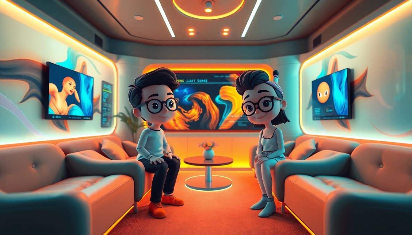 Engaging NSFW AI characters in a modern virtual chat room setting with ambient lighting.
