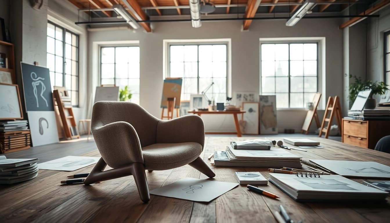 Mettre en valeur les créations de fredericjulien-design.fr avec un fauteuil moderne dans un studio lumineux.