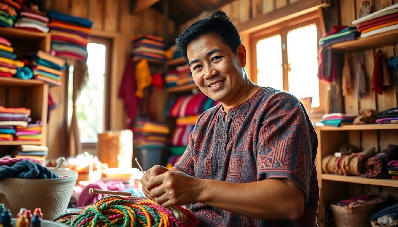 lemacau artisan crafting traditional handicrafts with vibrant materials