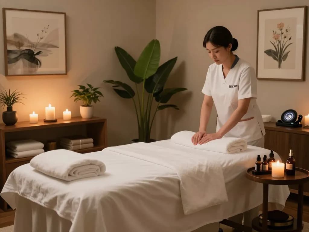 Luxurious massage room showcasing serene ambiance for 논현동마사지 with aromatic candles and calming decor.