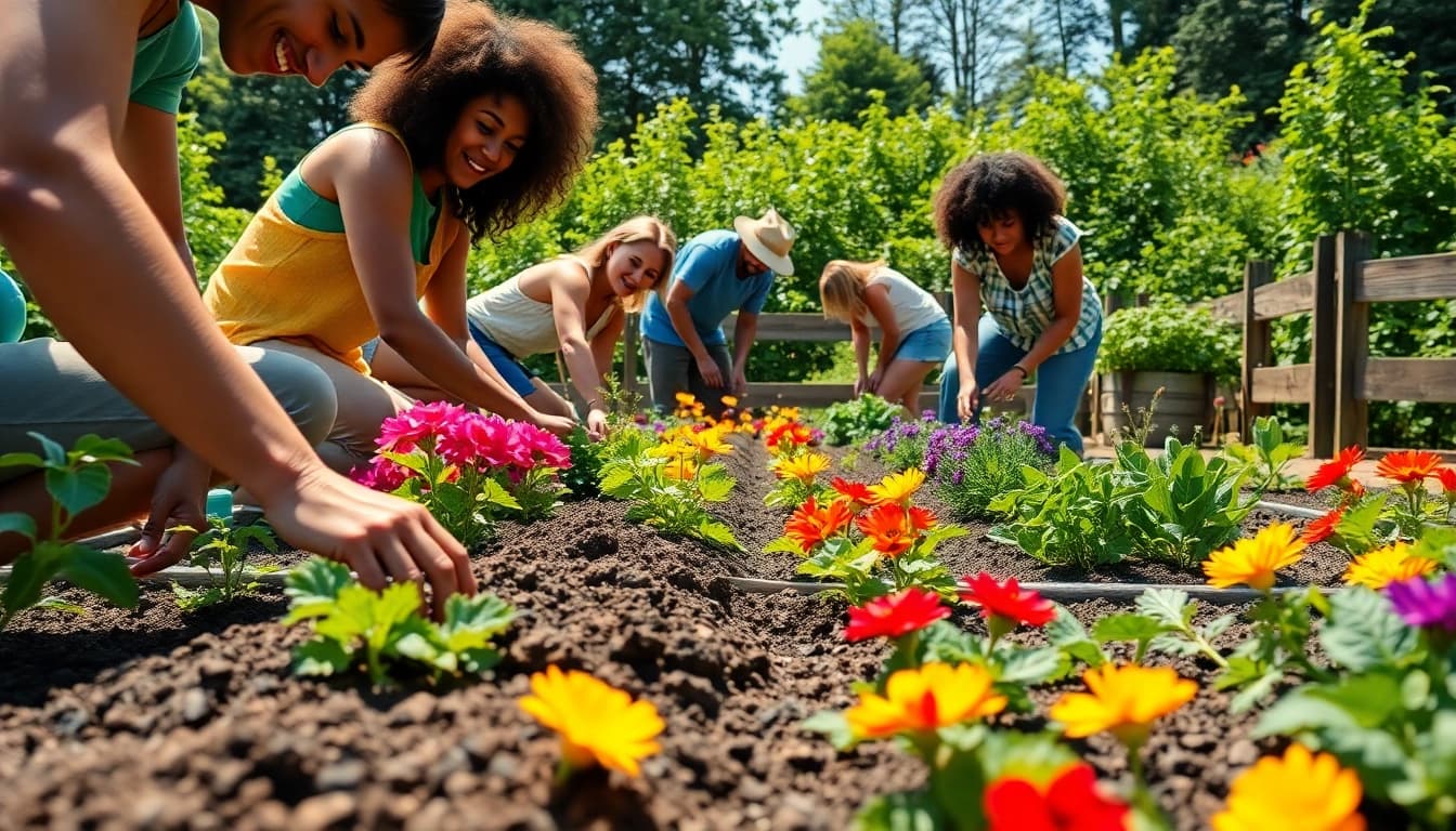 Engaged community working together in Gardening, planting vibrant flowers and vegetables.