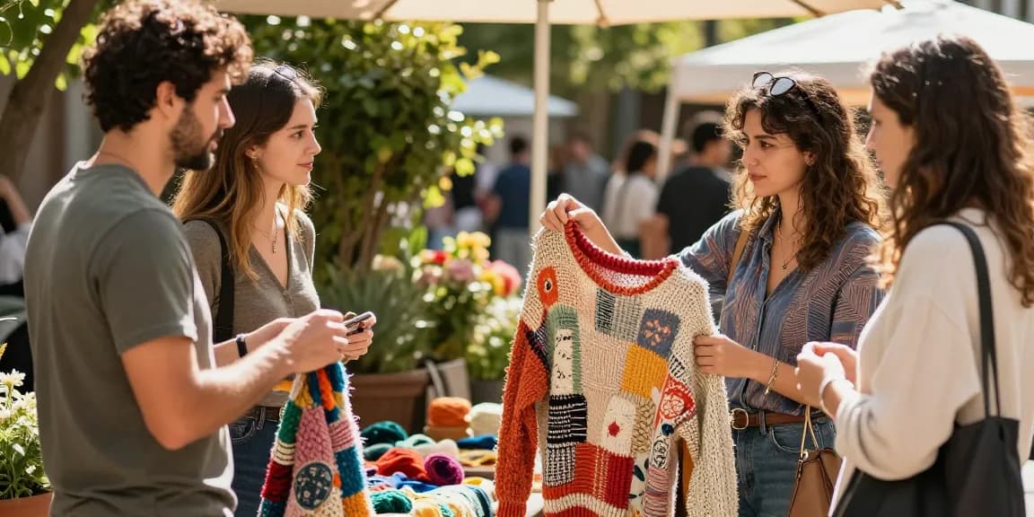 Handmade knitwear made from recycled fabric showcased in a vibrant outdoor market.