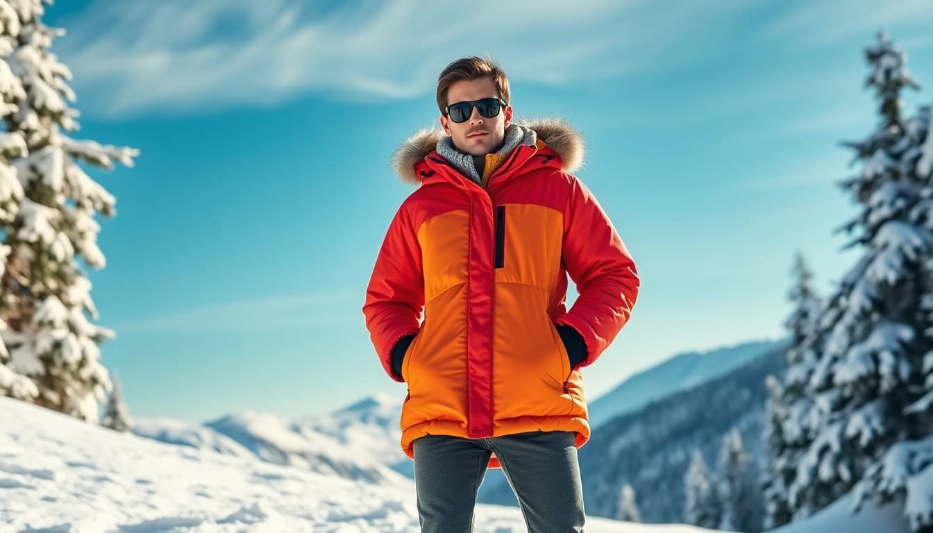 Stylish model showcasing winter jackets against a snowy mountain backdrop.
